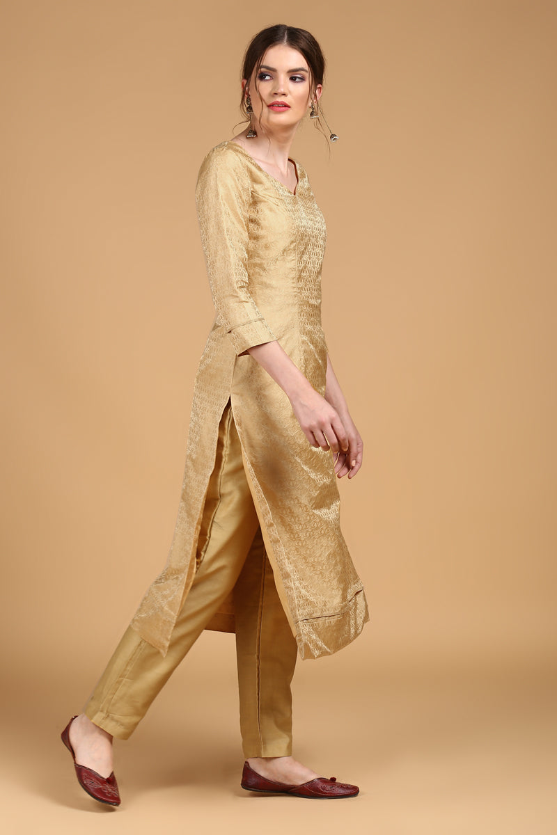 Teal Blue & Golden Woven Kurta Suit | Kurta Sets Online– Inddus.in
